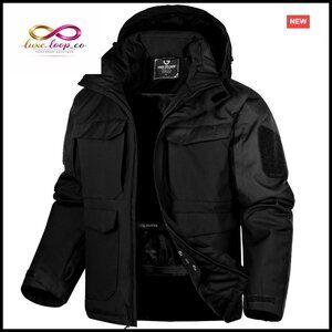 Men's Waterproof Ski Jacket with Detachable Hood, 10 Pockets, Fleece Lined